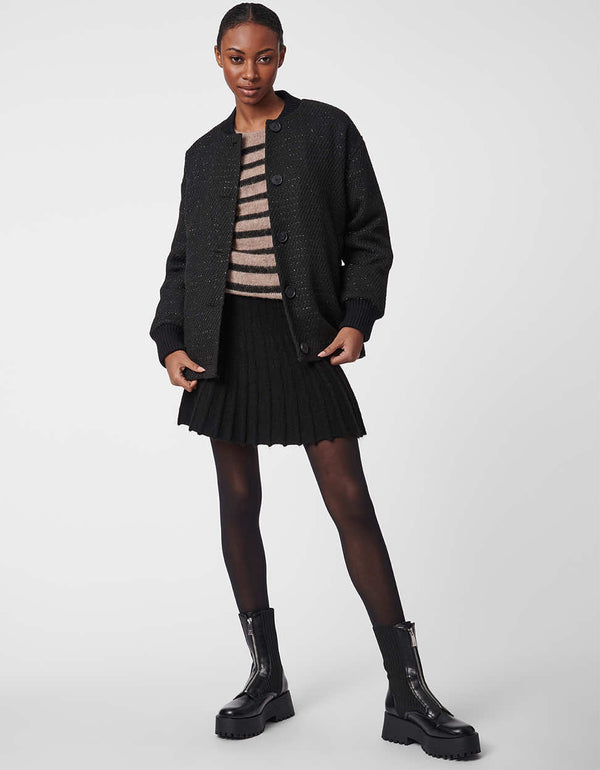 full button up knitted bomber jacket with oversized buttons and ribbed detailings for women in black