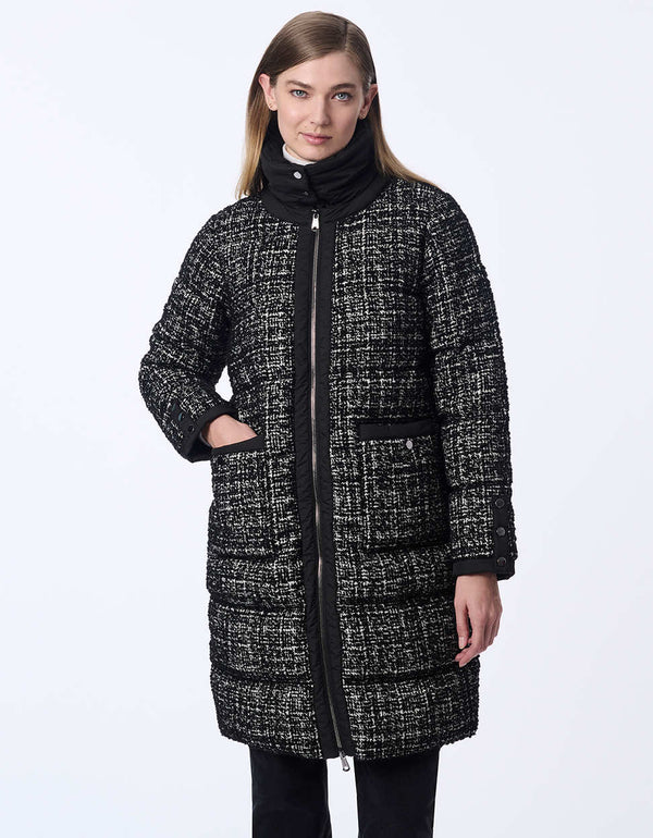 classic fit tweed puffer coat with patch pockets removable funnel collar and thigh length for versatile style