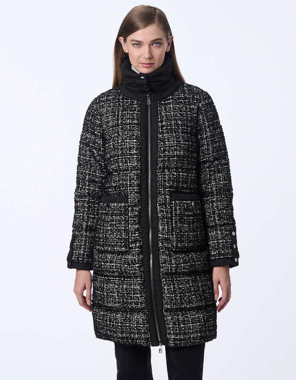 stylish thigh length puffer coat with tweed front removable funnel collar and patch pockets for a chic look