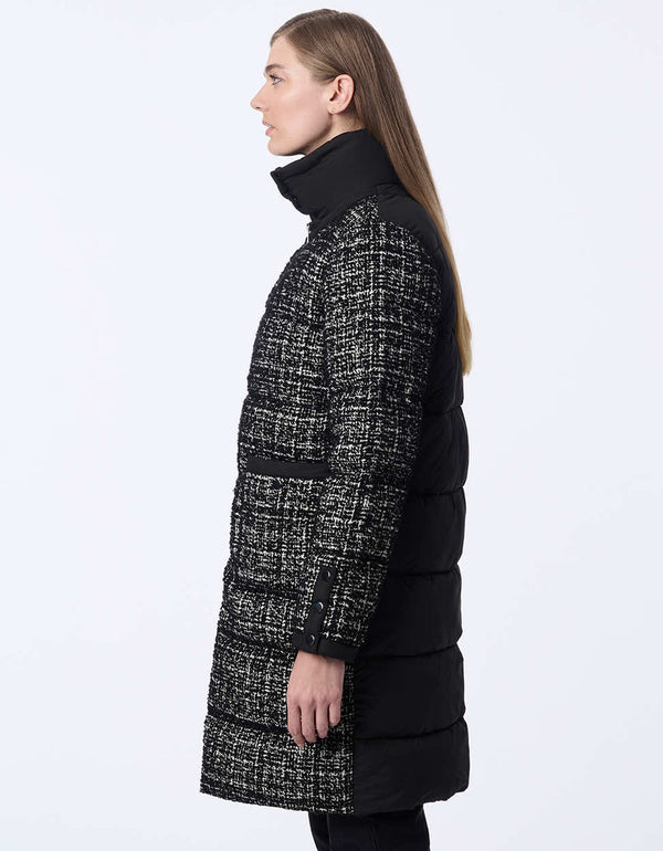 trendy tweed puffer coat with classic fit thigh length removable collar and cozy patch pockets for stylish warmth