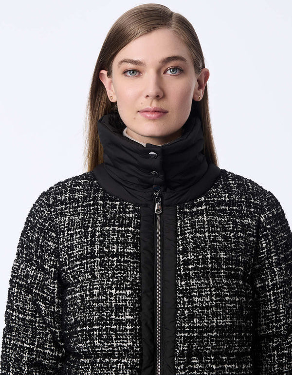 functional yet chic tweed puffer coat with patch pockets removable collar and classic fit for cold weather wear