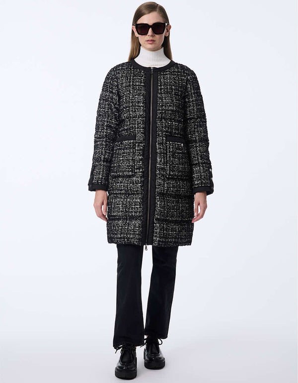 sophisticated tweed front puffer coat with patch pockets and removable collar designed for warmth and fashion