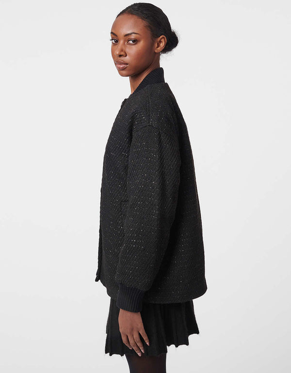 black knitted button up bomber inspired jacket made from tweed and lined with recycled materials