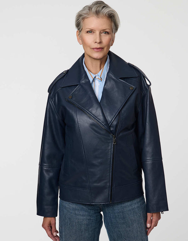 Women's Mercury Leather Jacket in soft lambskin with polished hardware and modern moto silhouette.