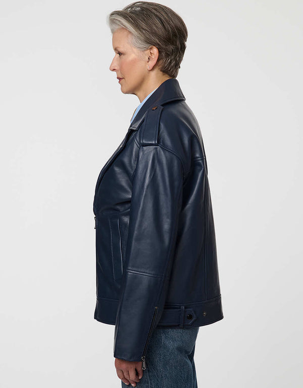 Women's Mercury Leather Jacket in soft lambskin with polished hardware and modern moto silhouette.