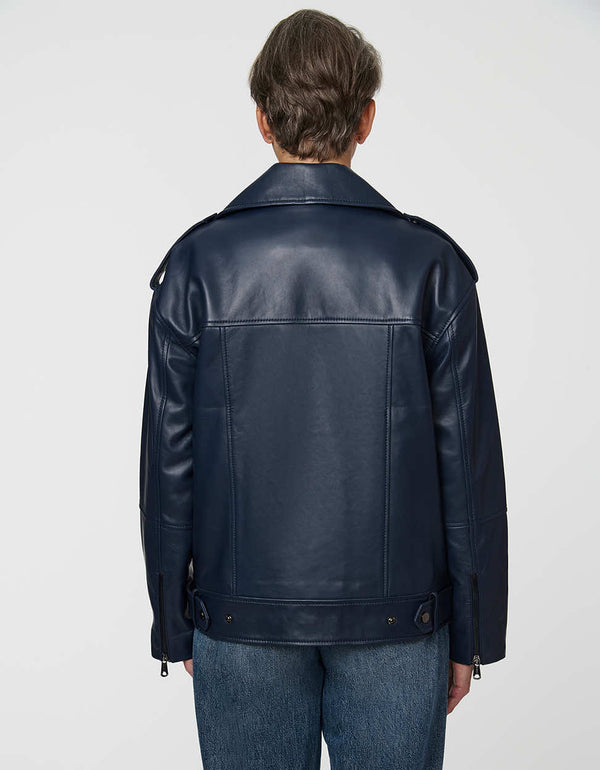 Women's Mercury Leather Jacket in soft lambskin with polished hardware and modern moto silhouette.