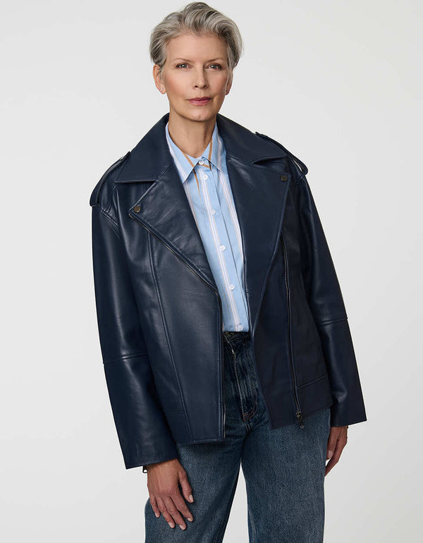 Women's Mercury Leather Jacket in soft lambskin with polished hardware and modern moto silhouette.