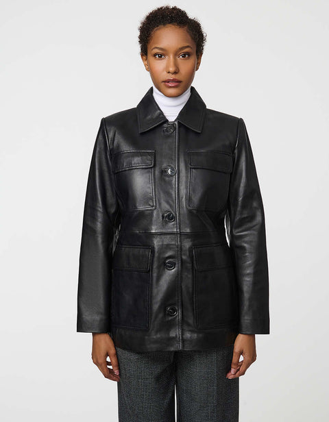 Long lamb leather shirt jacket with patch pockets and button front, blending utility with polish.