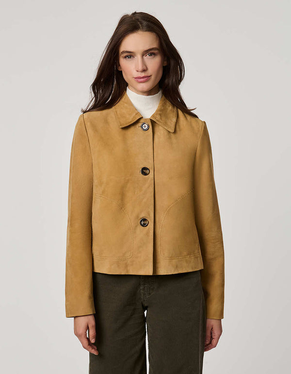 Classic women’s suede jacket with single-breasted front, oversized buttons, and crisp collar in polished fit.