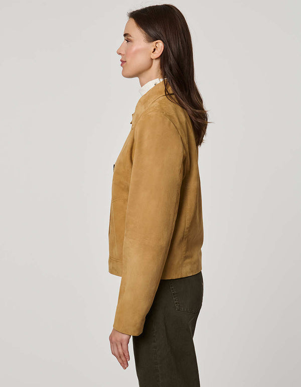 Classic women’s suede jacket with single-breasted front, oversized buttons, and crisp collar in polished fit.