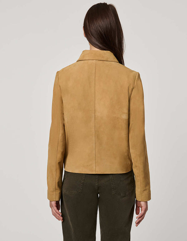 Classic women’s suede jacket with single-breasted front, oversized buttons, and crisp collar in polished fit.