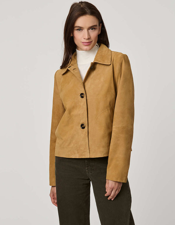 Classic women’s suede jacket with single-breasted front, oversized buttons, and crisp collar in polished fit.