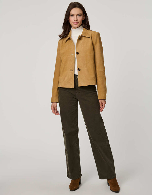 Classic women’s suede jacket with single-breasted front, oversized buttons, and crisp collar in polished fit.
