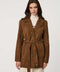 Women’s suede trench coat with belted waist, epaulettes, and double-breasted front for chic modern tailoring.