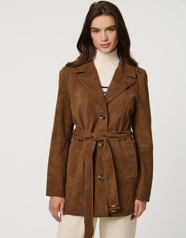 Women’s suede trench coat with belted waist, epaulettes, and double-breasted front for chic modern tailoring.