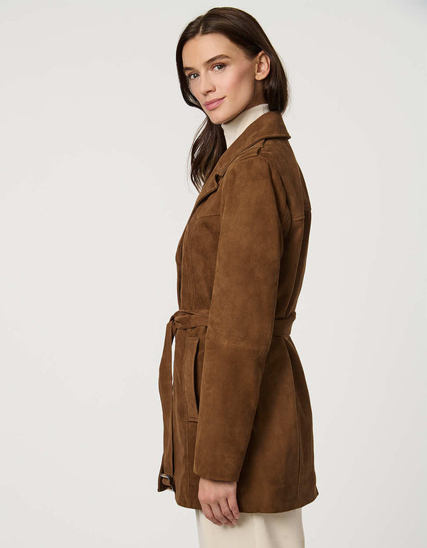 Women’s suede trench coat with belted waist, epaulettes, and double-breasted front for chic modern tailoring.