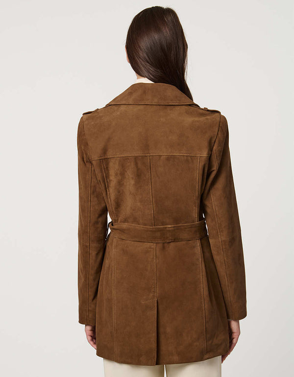 Women’s suede trench coat with belted waist, epaulettes, and double-breasted front for chic modern tailoring.