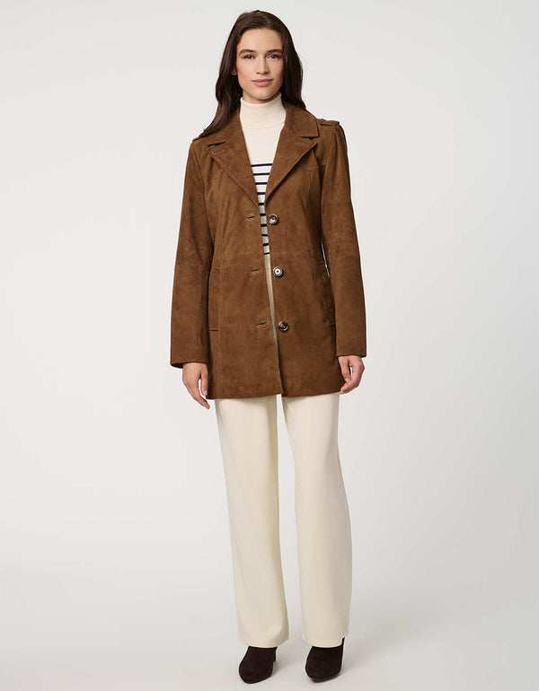 Women’s suede trench coat with belted waist, epaulettes, and double-breasted front for chic modern tailoring.