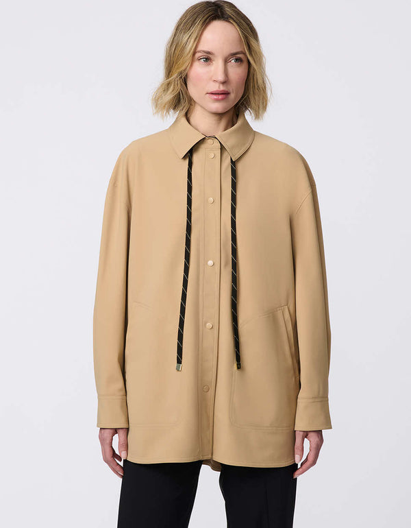 Effortless Oversized Button-Up Shirt, stretch gabardine fabric with a relaxed fit, deep pockets, and subtle contrast drawstrings.