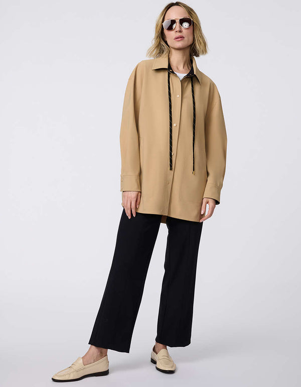 Effortless Oversized Button-Up Shirt, stretch gabardine fabric with a relaxed fit, deep pockets, and subtle contrast drawstrings.