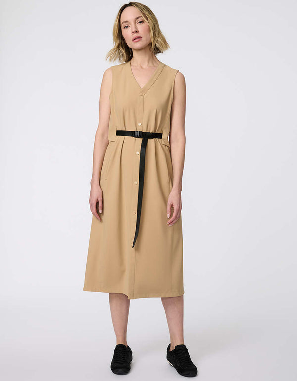 Power Glide Dress, a sophisticated button-front midi dress with an adjustable belt, crafted for modern women on the move.