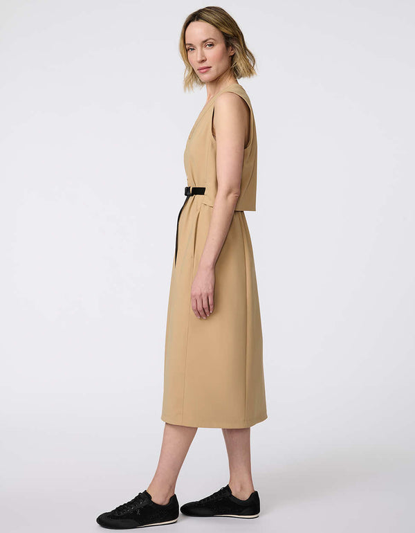 Power Glide Dress, a sophisticated button-front midi dress with an adjustable belt, crafted for modern women on the move.