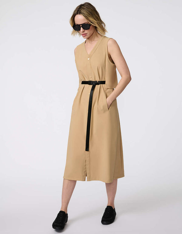 Power Glide Dress, a sophisticated button-front midi dress with an adjustable belt, crafted for modern women on the move.