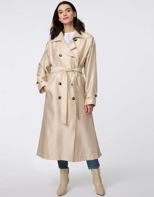 Double-breasted satin trench coat with self-tie belt, adjustable cuffs, and subtle shimmer. Elegant, functional, and sophisticated for any occasion.