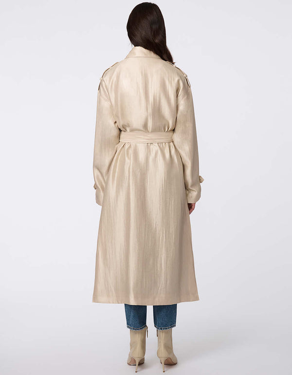 Double-breasted satin trench coat with self-tie belt, adjustable cuffs, and subtle shimmer. Elegant, functional, and sophisticated for any occasion.