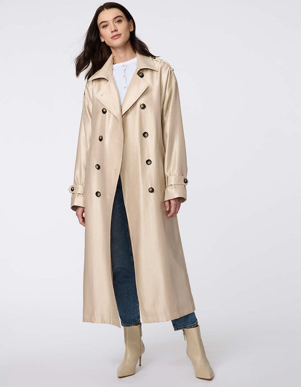 Double-breasted satin trench coat with self-tie belt, adjustable cuffs, and subtle shimmer. Elegant, functional, and sophisticated for any occasion.