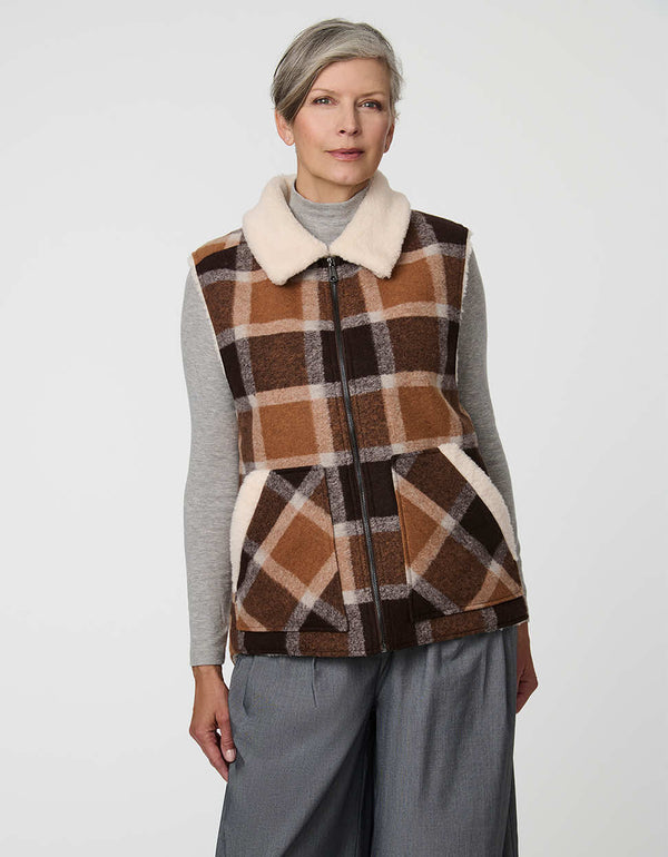 Women's Danner Plaid Vest with sherpa lining and oversized patch pockets in a plaid pattern.
