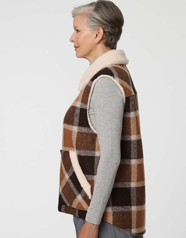 Women's Danner Plaid Vest with sherpa lining and oversized patch pockets in a plaid pattern.