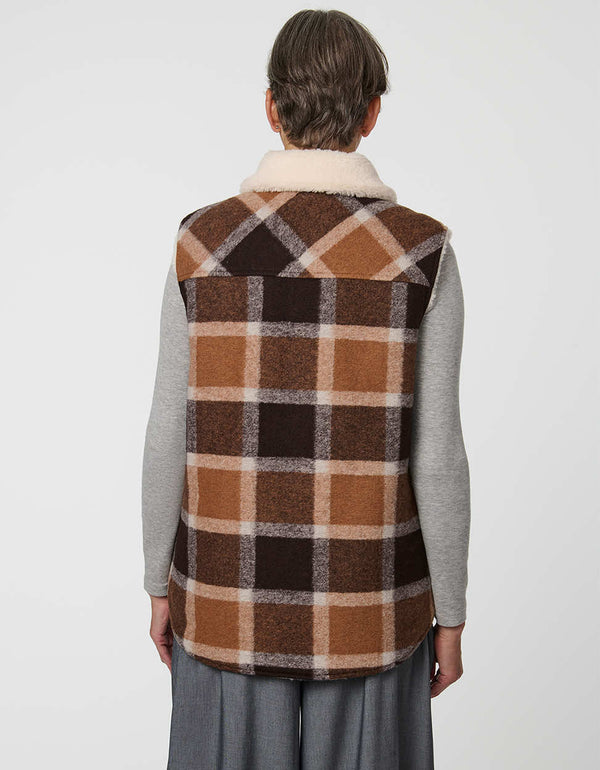 Women's Danner Plaid Vest with sherpa lining and oversized patch pockets in a plaid pattern.