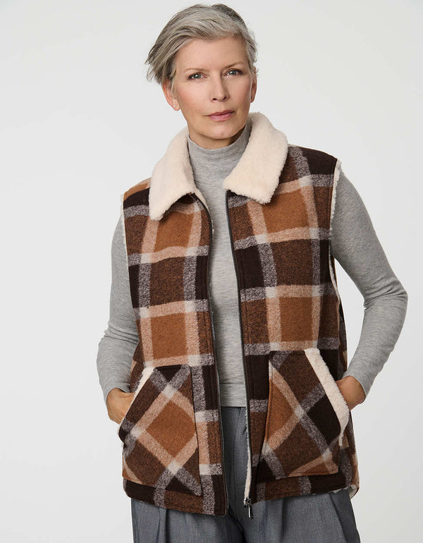 Women's Danner Plaid Vest with sherpa lining and oversized patch pockets in a plaid pattern.