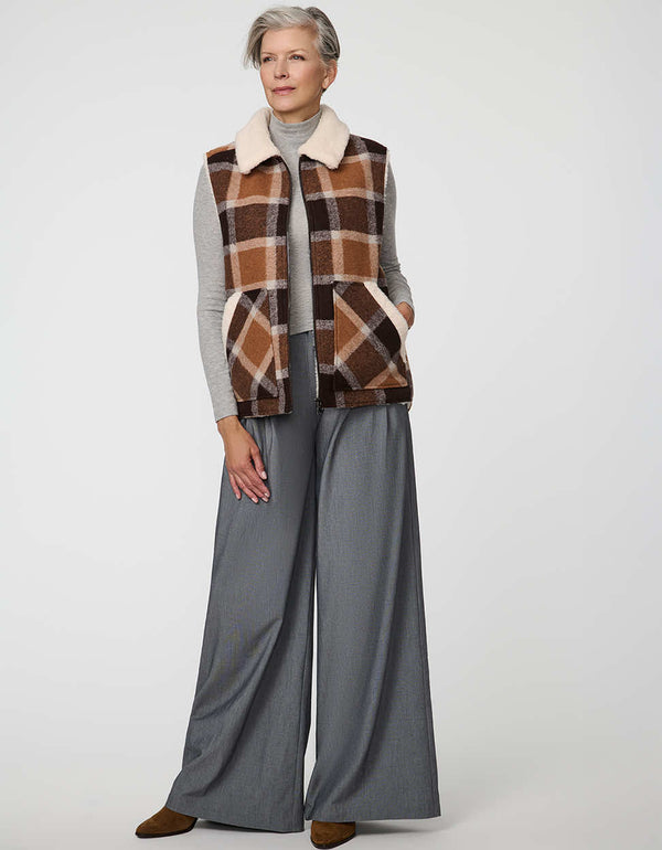Women's Danner Plaid Vest with sherpa lining and oversized patch pockets in a plaid pattern.