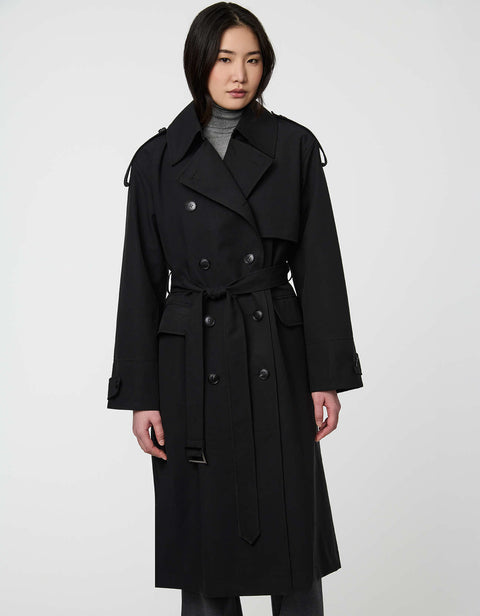 Refined Highgate Trench Coat for women with storm flap and self-belt in a wool-like fabric.