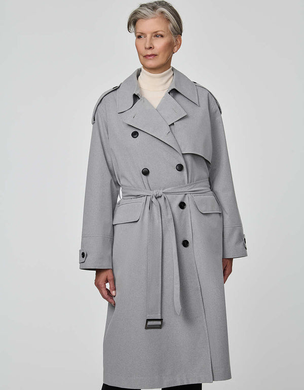 Refined Highgate Trench Coat for women with storm flap and self-belt in a wool-like fabric.
