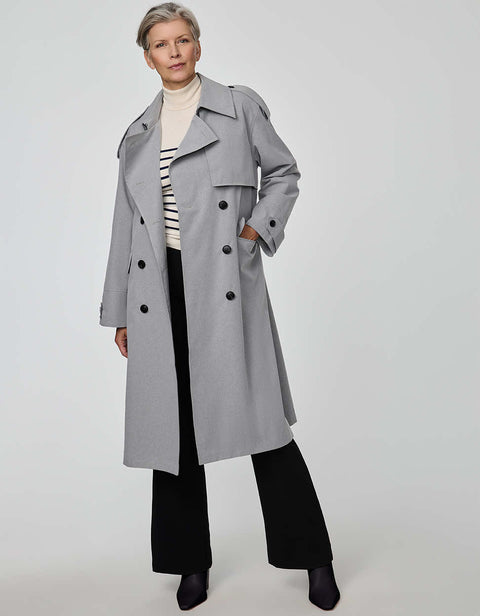 Refined Highgate Trench Coat for women with storm flap and self-belt in a wool-like fabric.