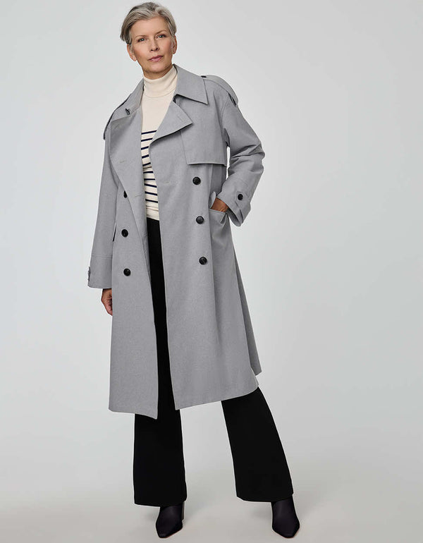 Refined Highgate Trench Coat for women with storm flap and self-belt in a wool-like fabric.