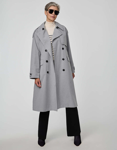 Refined Highgate Trench Coat for women with storm flap and self-belt in a wool-like fabric.