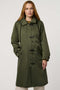 Women’s raincoat with hood, cinched waist, flap pockets, and zip-off hood in a tailored, versatile design.