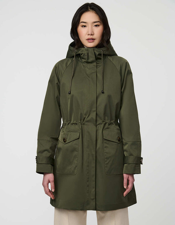 Elstead Raincoat for women featuring oversized patch pockets and adjustable waist for rainy days.