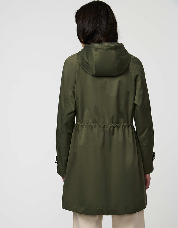 Elstead Raincoat for women featuring oversized patch pockets and adjustable waist for rainy days.