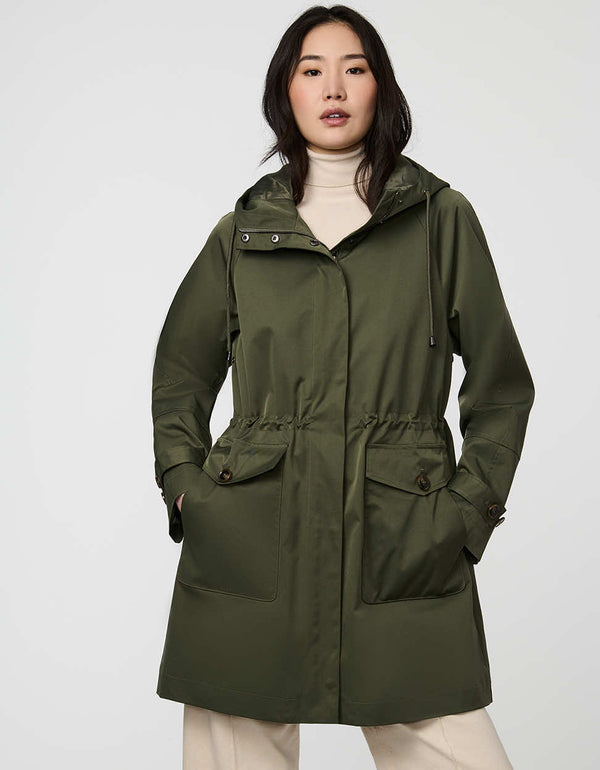 Elstead Raincoat for women featuring oversized patch pockets and adjustable waist for rainy days.