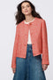 Cropped tweed jacket with collarless design, refined tailoring, and tonal buttons. Classic femininity with modern style, perfect for denim or dress pairings.