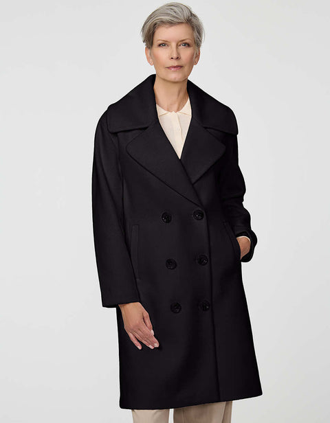 Calf-length double-breasted wool coat with oversized lapels, offering timeless sophistication and warmth.