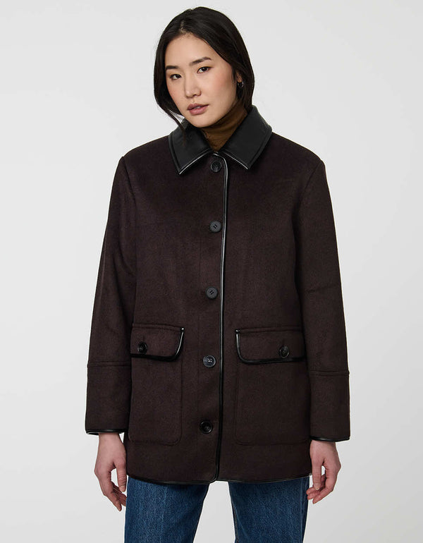 Pennlock Utility Coat for women blending wool-feel knit and faux leather with patch pockets.