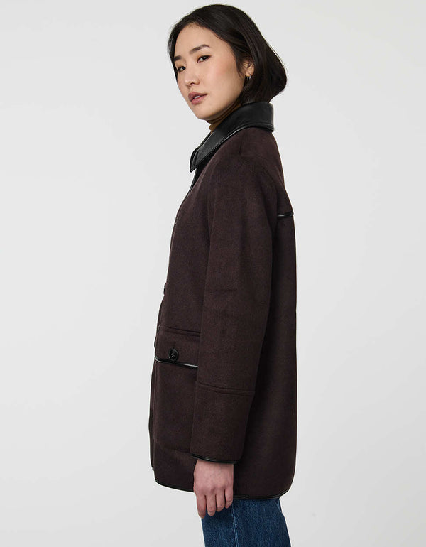 Pennlock Utility Coat for women blending wool-feel knit and faux leather with patch pockets.