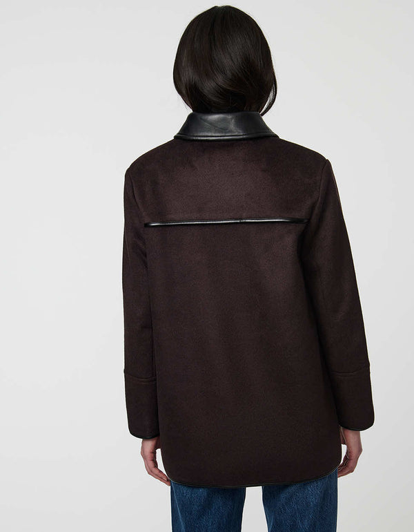 Pennlock Utility Coat for women blending wool-feel knit and faux leather with patch pockets.