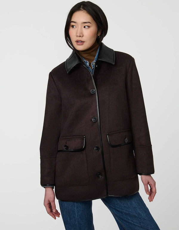 Pennlock Utility Coat for women blending wool-feel knit and faux leather with patch pockets.